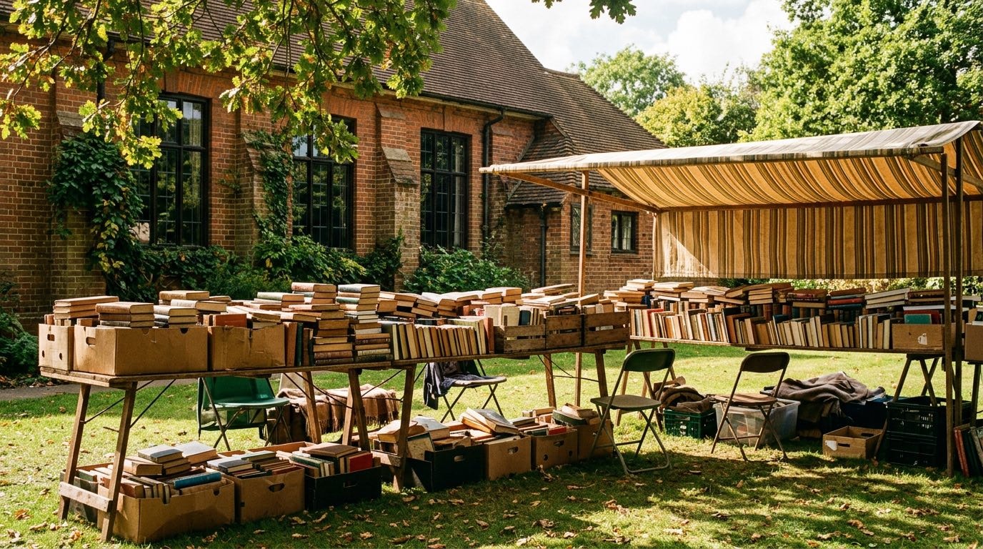 Trestle tables of secondhand books at an outdoor library book fair on a shaded lawn
