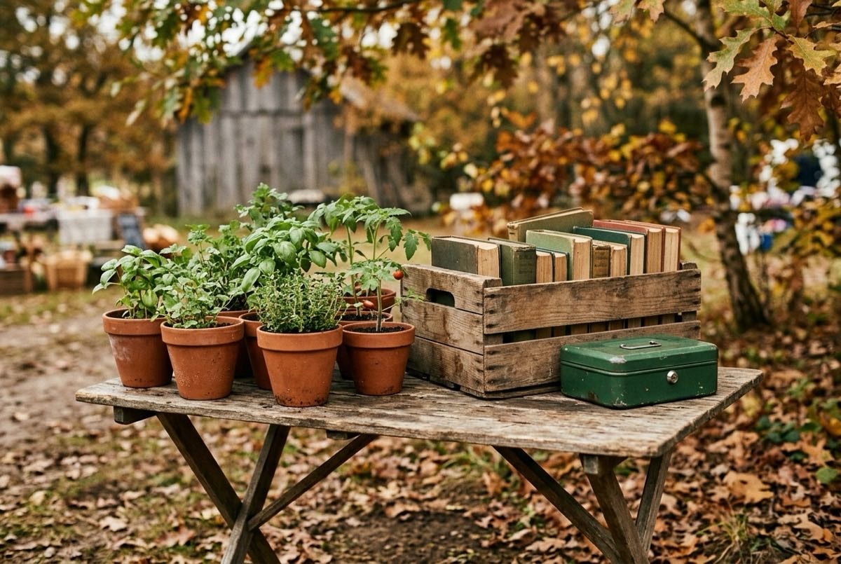 Plant seedlings and secondhand books on a charity fair stall table