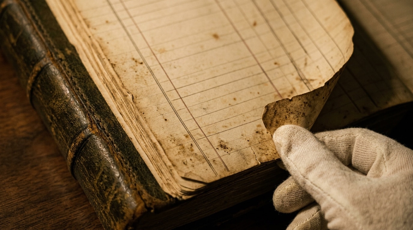 Aged county record ledger opened under archival lamp light