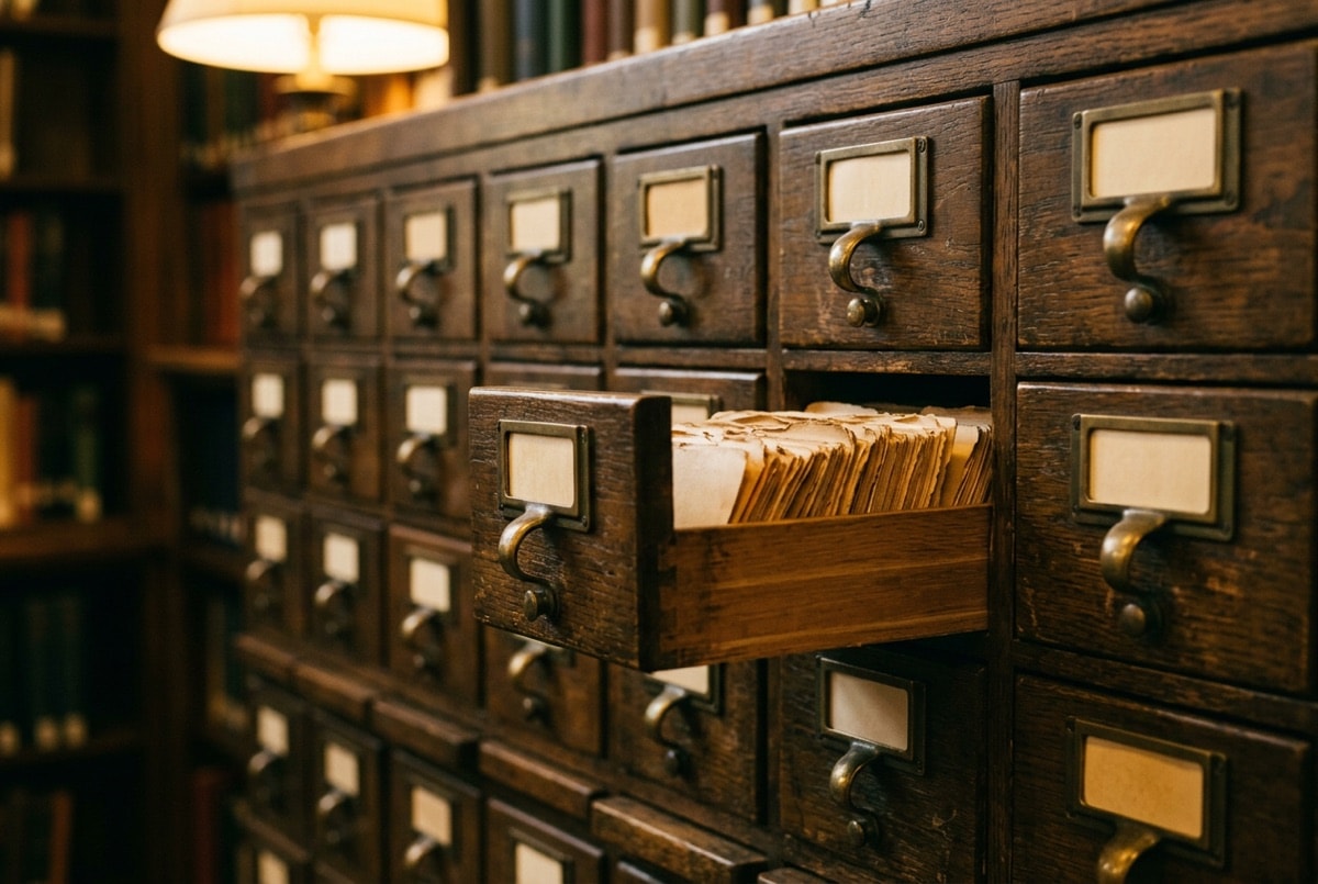 Vintage wooden library card catalogue with brass drawer pulls