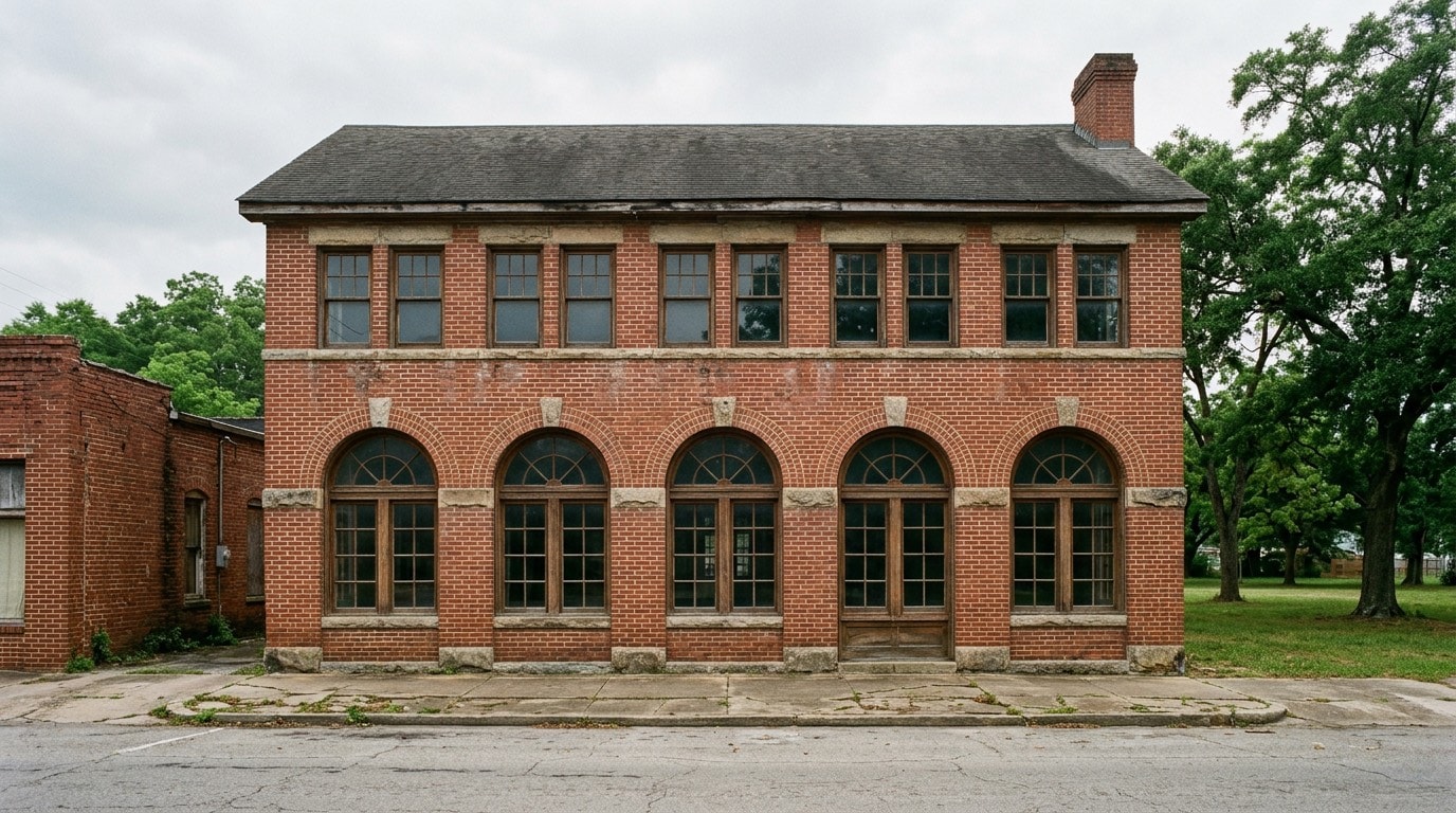 Historic red-brick main street building of the kind that housed early Southern public libraries