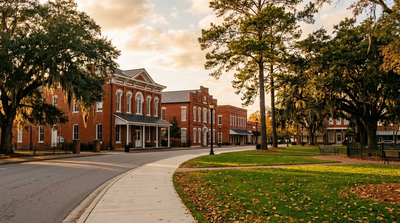 Historic red-brick civic buildings on a small Georgia town square in warm autumn light