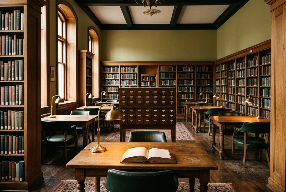 Warmly lit public library reading room with oak shelving and brass lamps