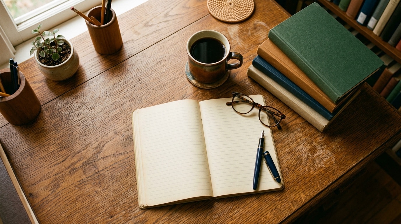Overhead view of a notebook, pen, coffee and books on a library workroom desk