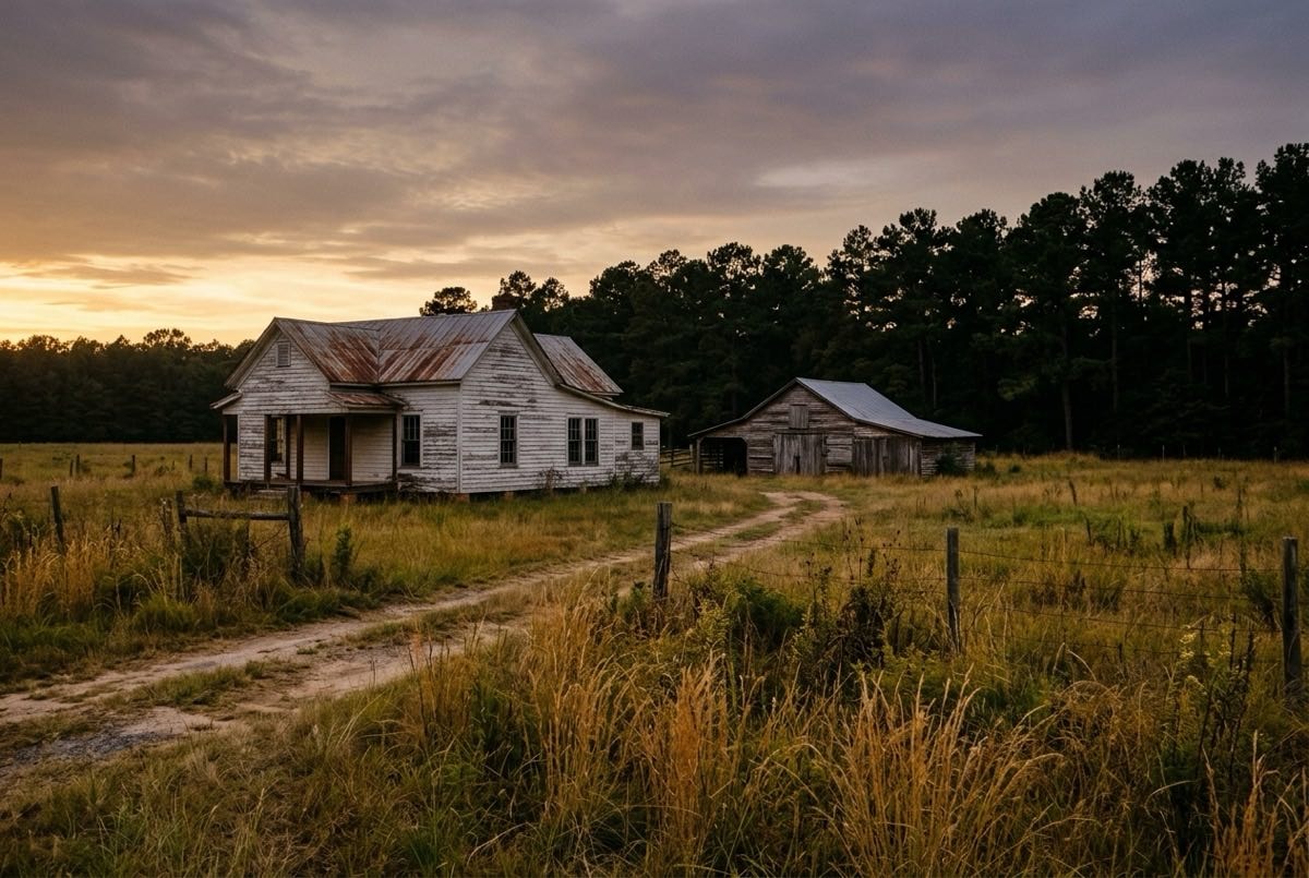 Weathered white farmhouse and outbuilding in a Middle Georgia field at dusk