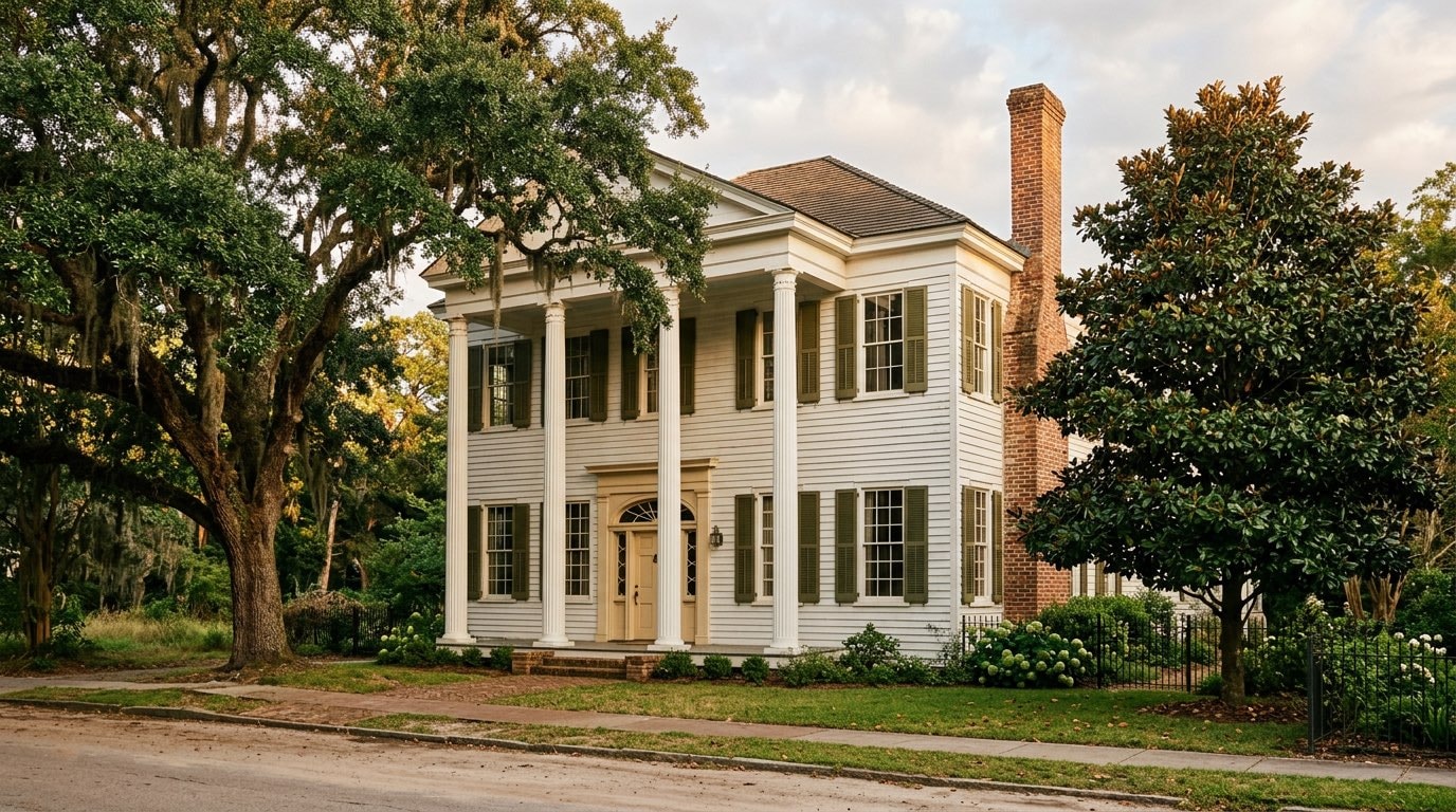 Early nineteenth-century Southern house with columned porch under mature oaks