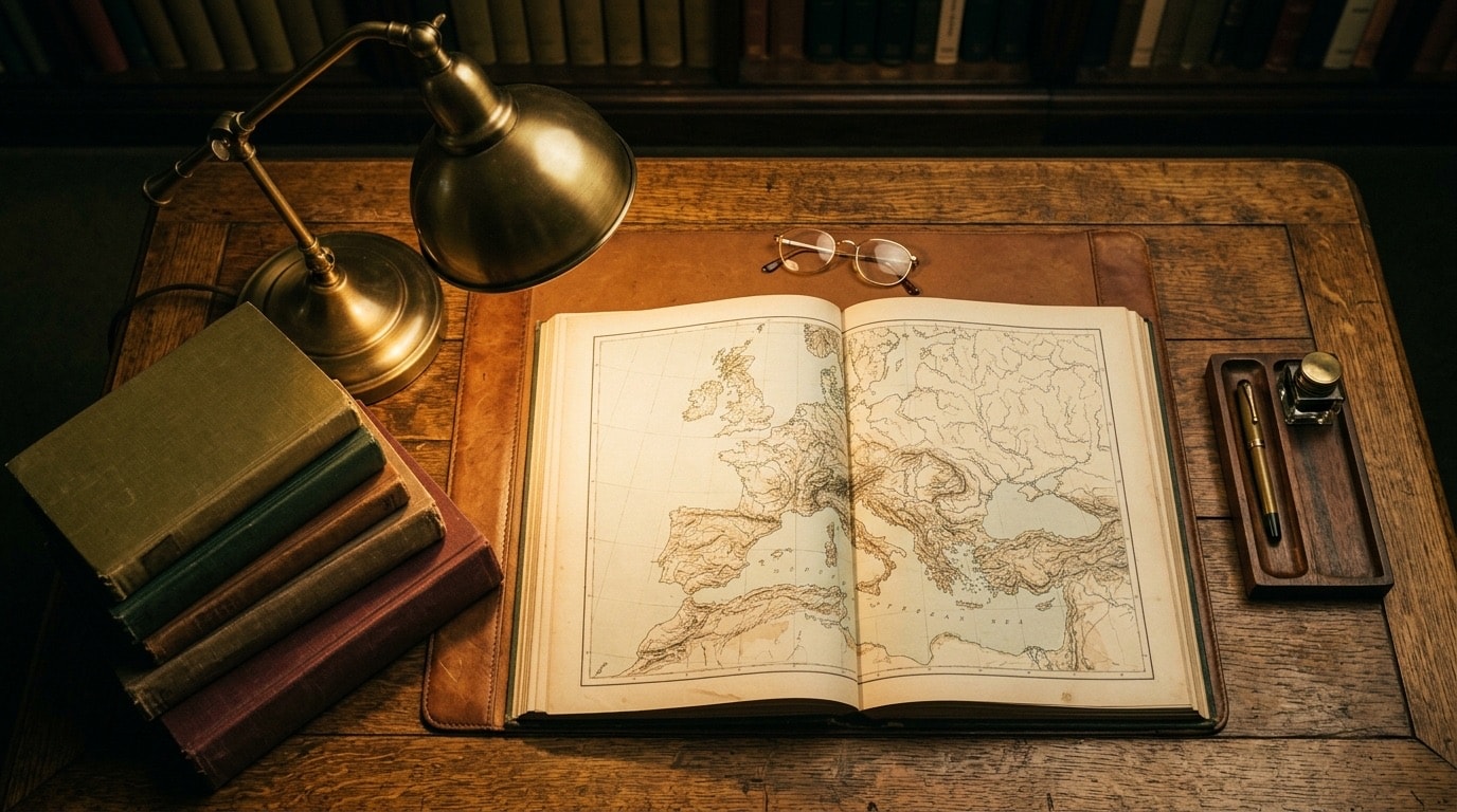 Reference desk with an open atlas, reference volumes and a brass lamp
