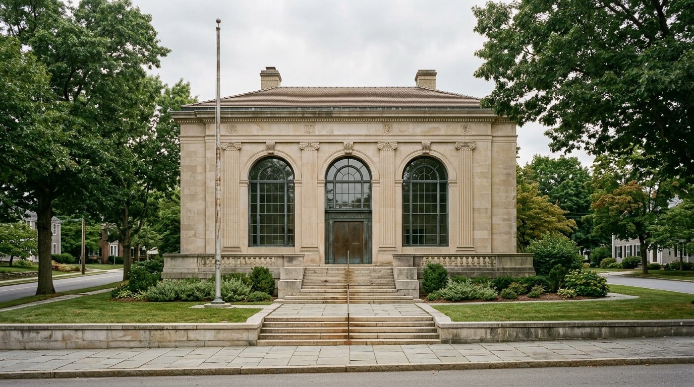 Stone 1930s post office building of the type converted into small-city libraries