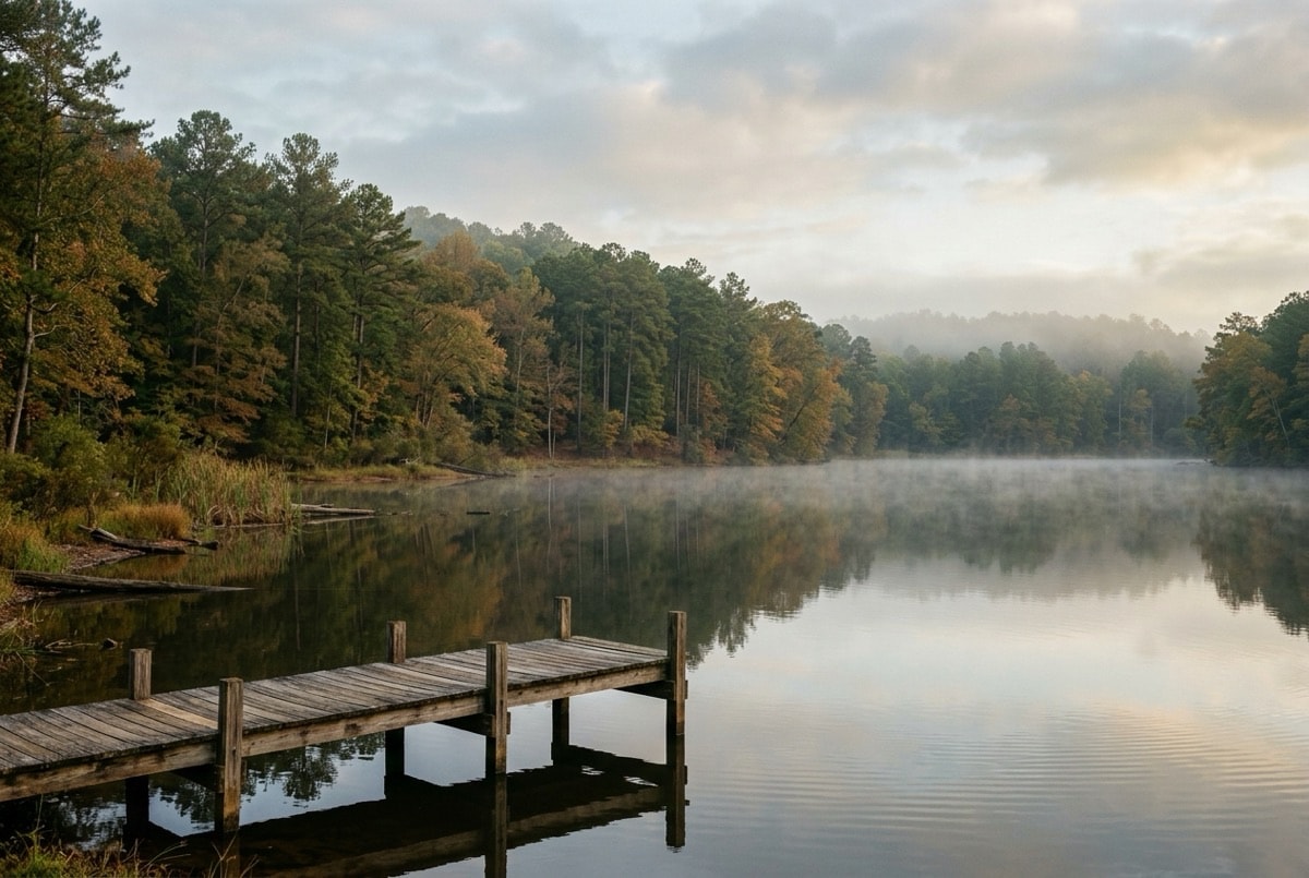 Still morning water and pine-lined shoreline of a Middle Georgia reservoir