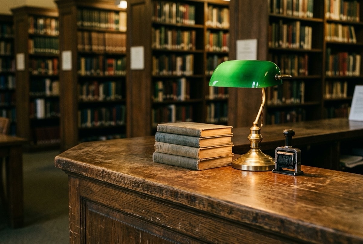 Worn oak library service desk with returned books and a green-shaded lamp