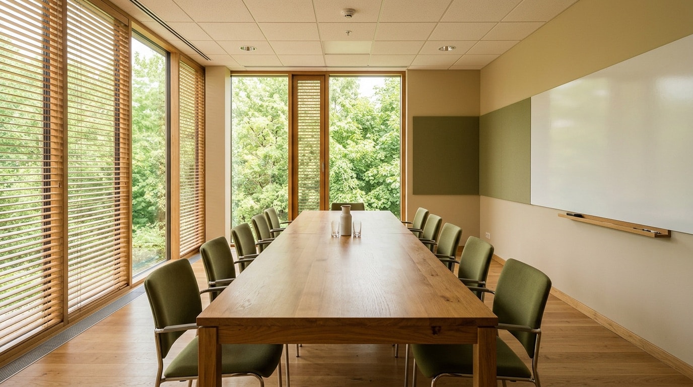Empty public library meeting room with a long table and tall windows