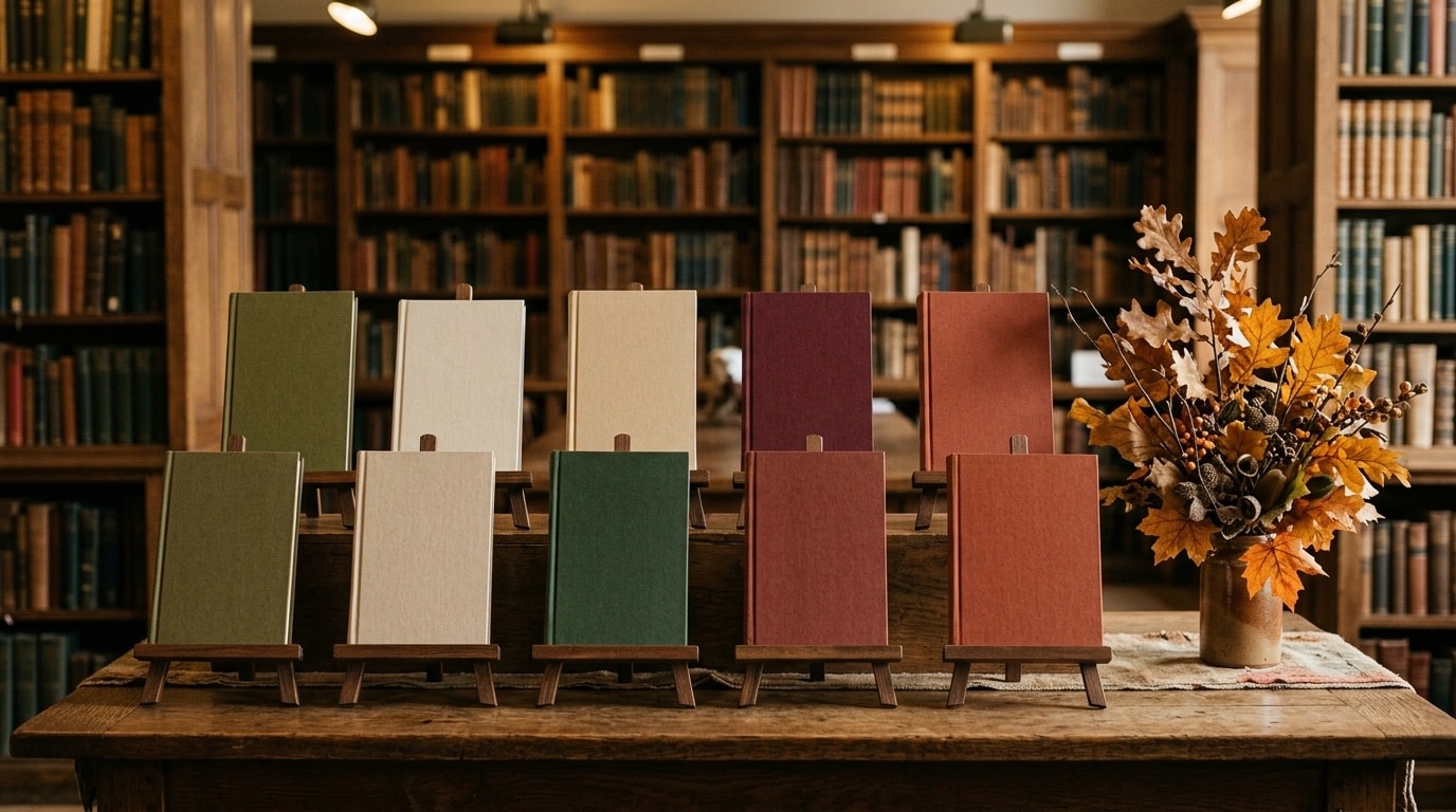 Library display table of face-out hardback books on wooden easels