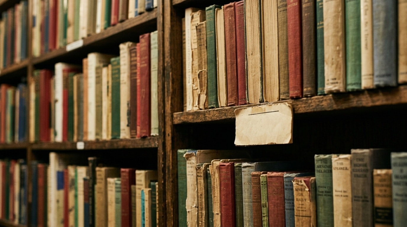Densely packed shelf of worn second-hand books at a library sale