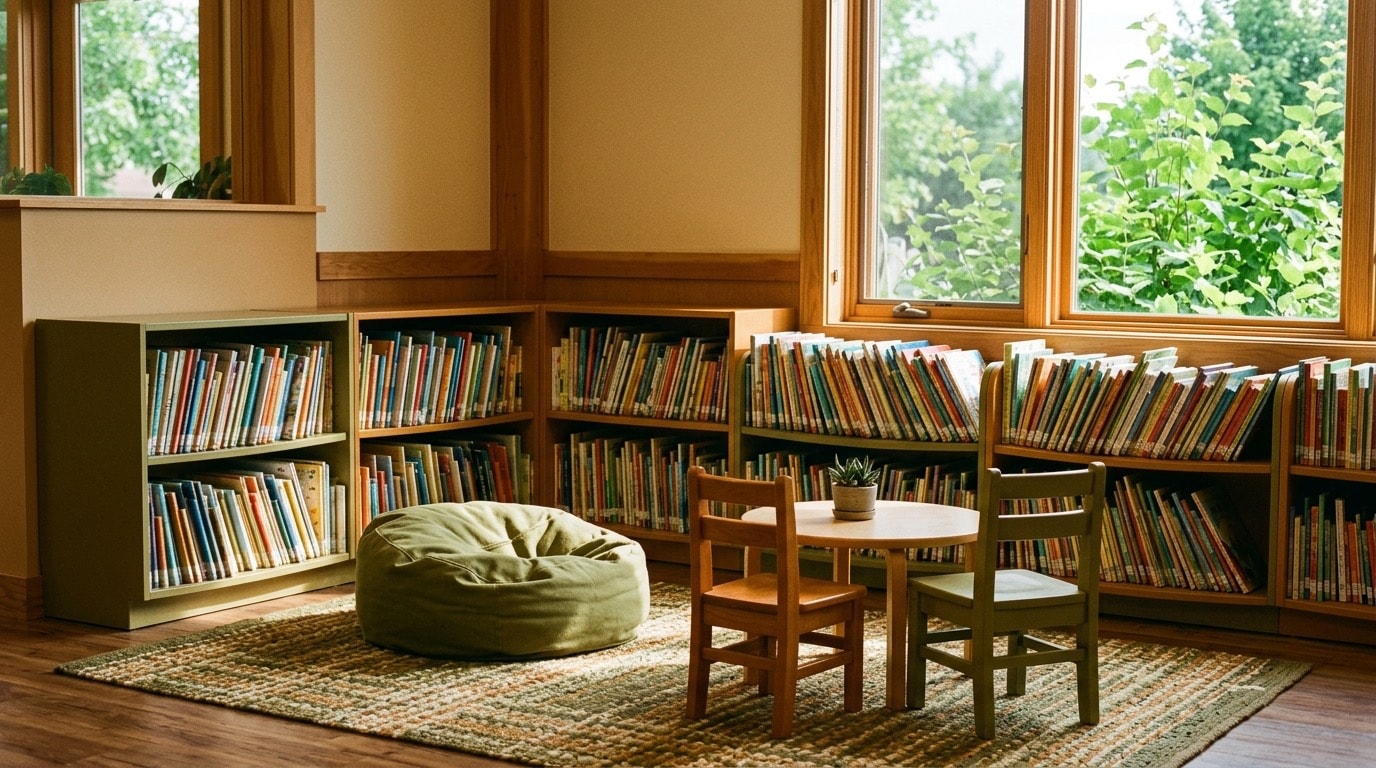 Empty sunlit children’s reading corner with low shelves of picture books