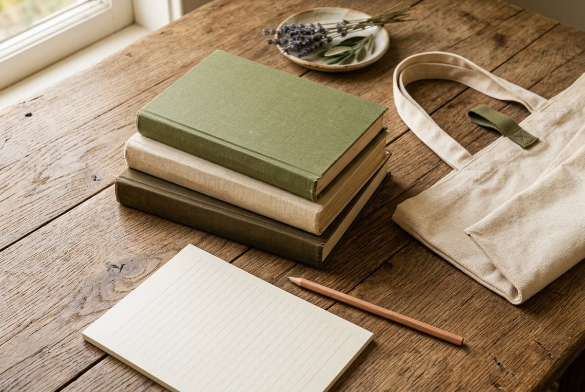 Flat-lay of a stack of library books, a tote bag and a blank reading log