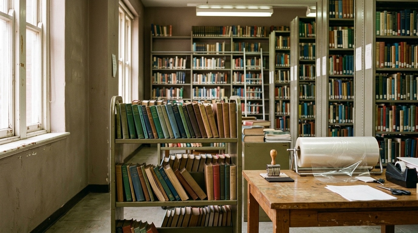 Library workroom with a loaded book trolley and sorting table